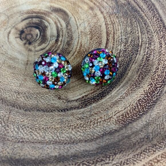 Rainbow Rhinestone Pave Half Ball Stud Earrings - Picture 1 of 3